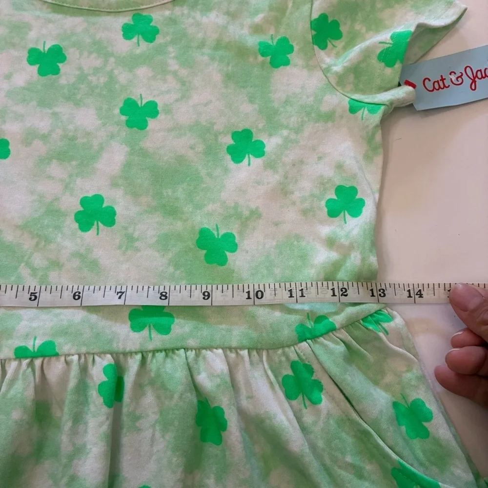 Cat & Jack Girls Green Shamrock Short  Sleeves Pocket Babydoll Style Dress Sz L